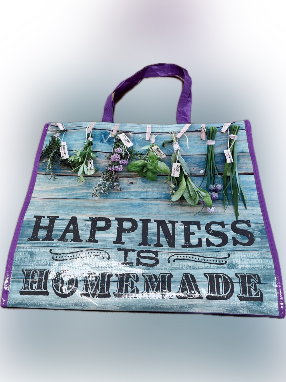 “Happiness is Homemade” lg reusable shopping bag herbs garden purple green blue